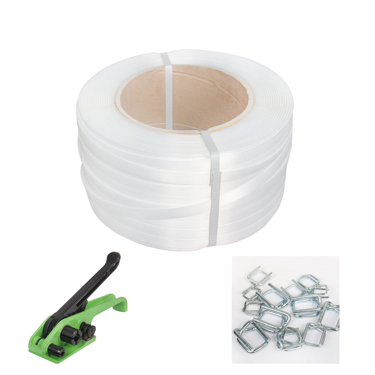 PE Strapping Materials, Including 2x PE Strapping Belt, 200 pcs Metal Clips for PE Strap and Strap Tensioner