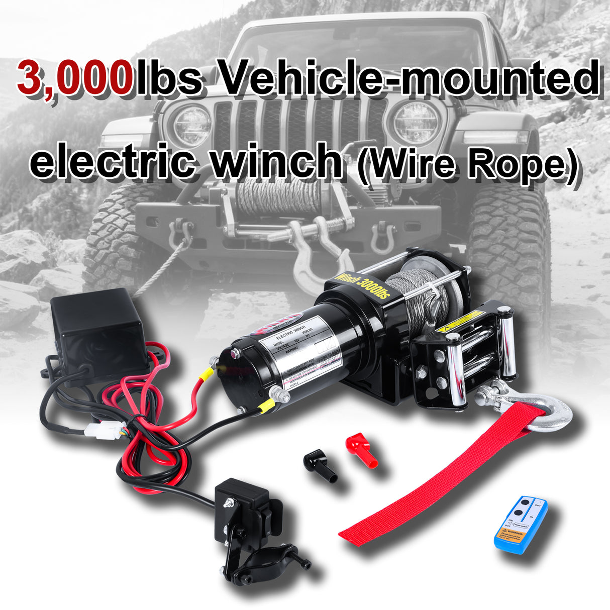 Electric Winch 3000LB Capacity, ATV-3000W Steel Wire Rope DC 12V Winch, Single-stage Planetary Gear Ratio 153:1