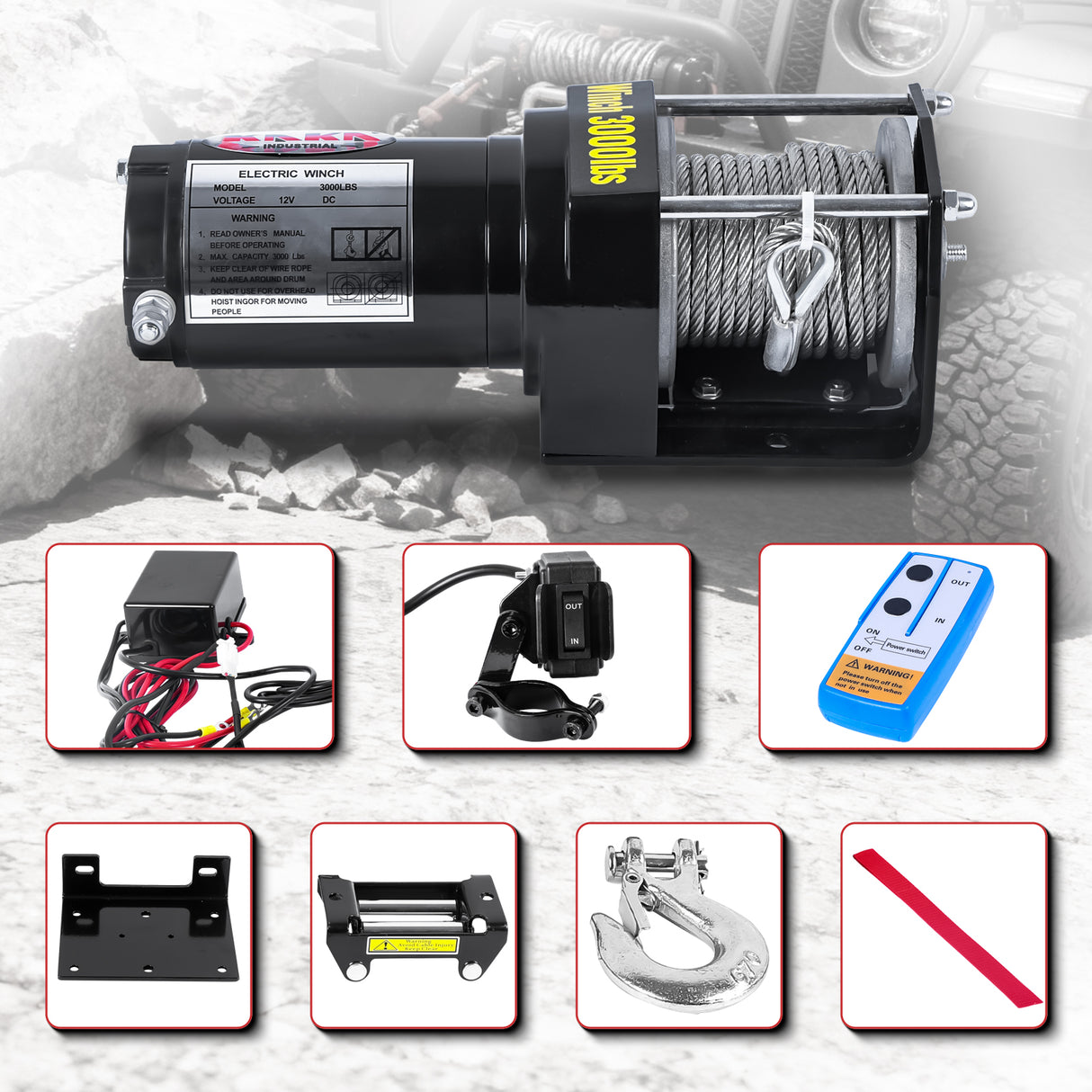 Electric Winch 3000LB Capacity, ATV-3000W Steel Wire Rope DC 12V Winch, Single-stage Planetary Gear Ratio 153:1