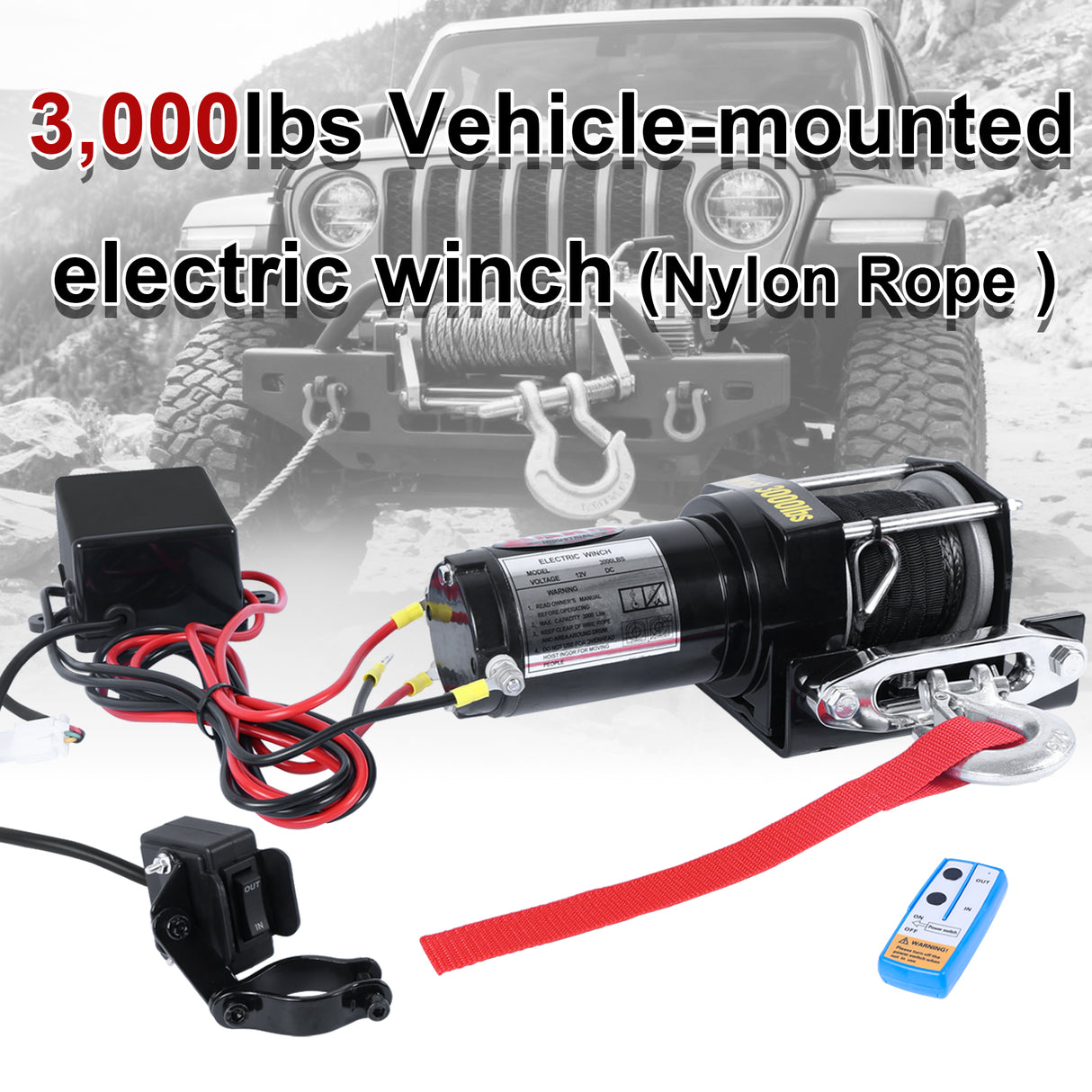 Electric Winch 3000LB Capacity, ATV-3000S, Synthetic Rope DC 12V Winch for ATV, UTV, 4WD Recovery