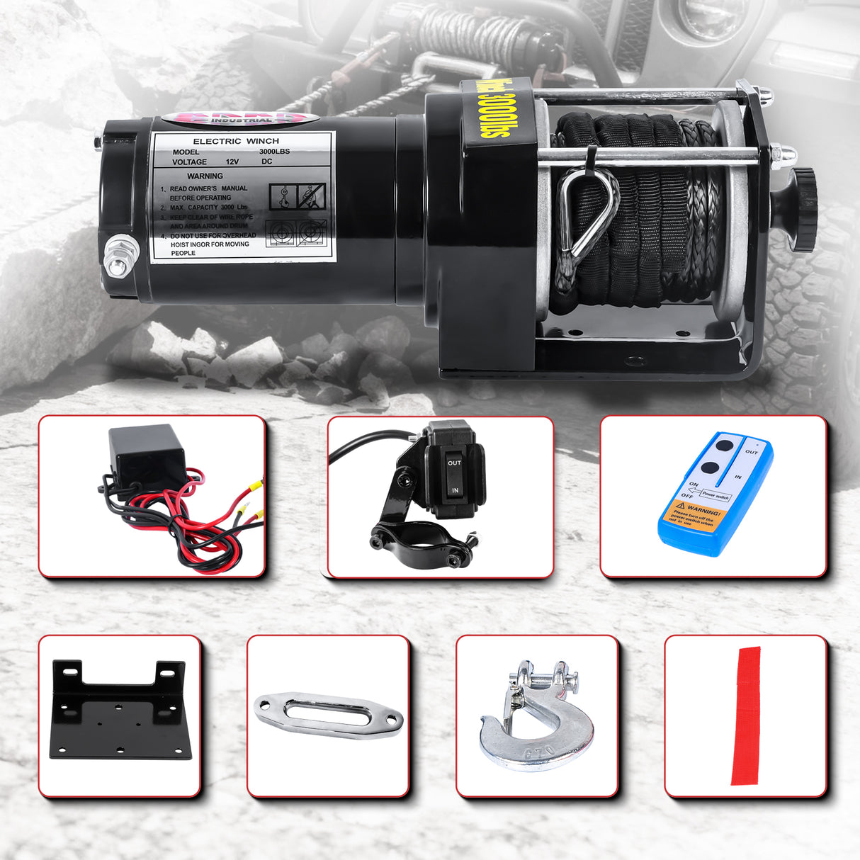 Electric Winch 3000LB Capacity, ATV-3000S, Synthetic Rope DC 12V Winch for ATV, UTV, 4WD Recovery