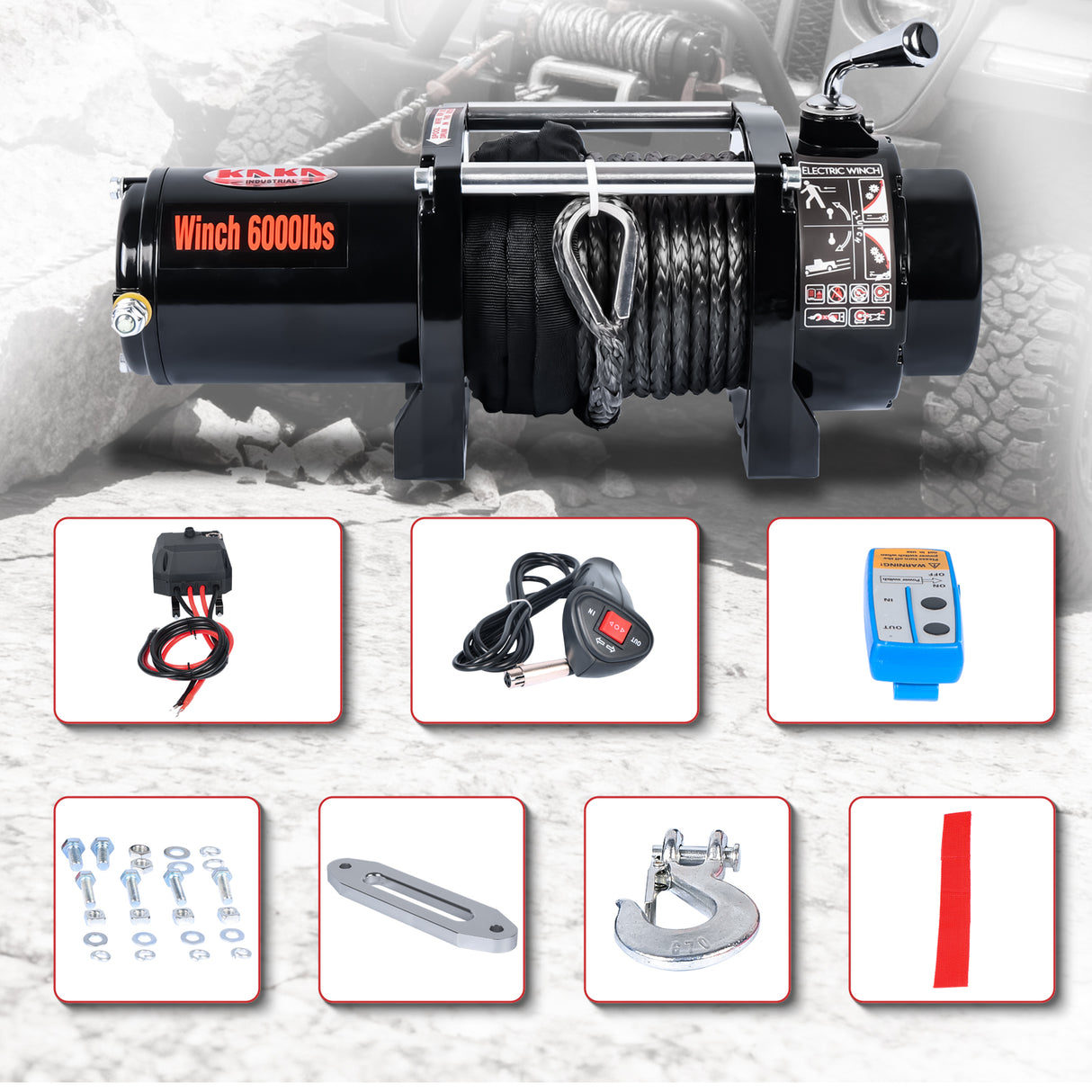 4WD Recovery Electric Winch 6000LB Capacity, Synthetic Rope ATW-6000S DC 12V UTV Winches