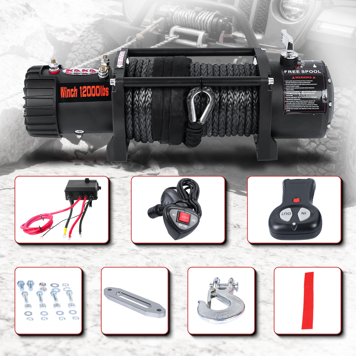 4WD Recovery Electric Winch 12000LB Capacity, RED Synthetic Rope CW-12000N DC 12V UTV Winches, Car Winched