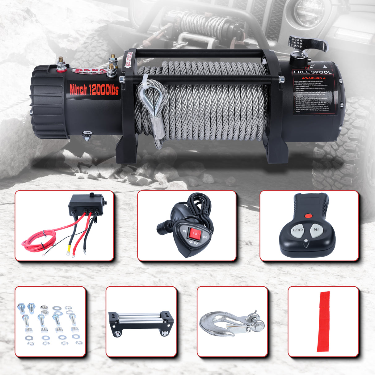 4WD Recovery Electric Winch 12000LB Capacity, CW-12000W Steel Wire Rope DC 12V Car Winches