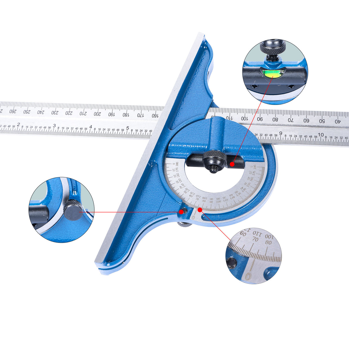 4-Piece Combination Square JDC-300, 300mm Steel Blade, Precision Measuring Tool with Square Head, Protractor, Centre Head & Spirit Level