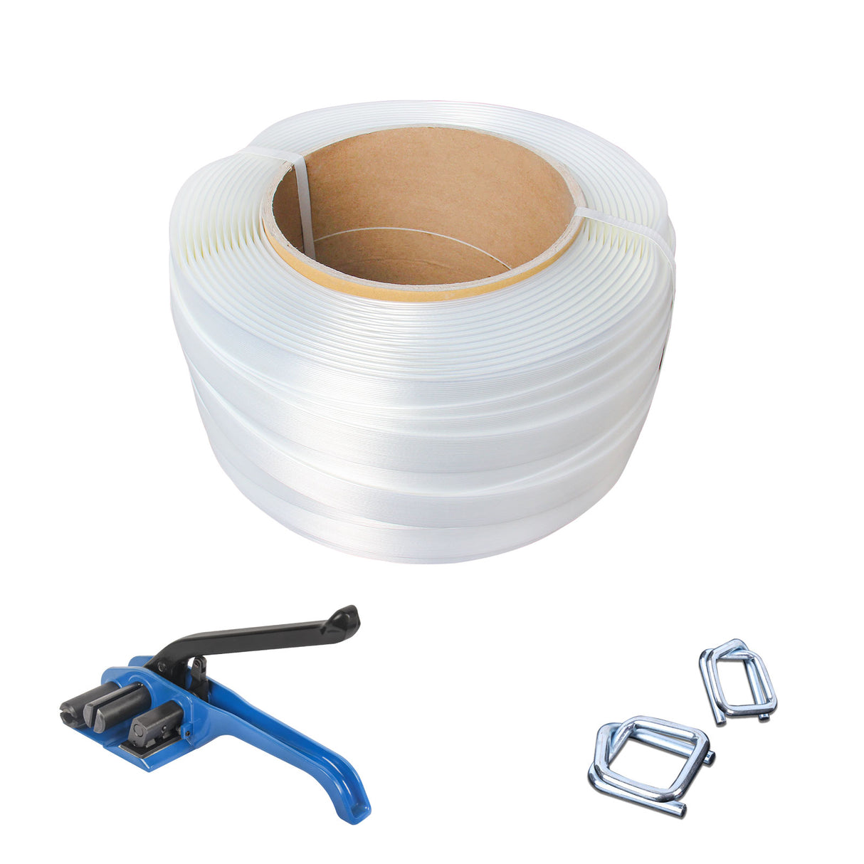 32mm Width PE Strapping Belt, 250m/Roll, C/W 32mm Metal Clips & Manual Strapping Tensioner, Bulk Sale Packaging Materials