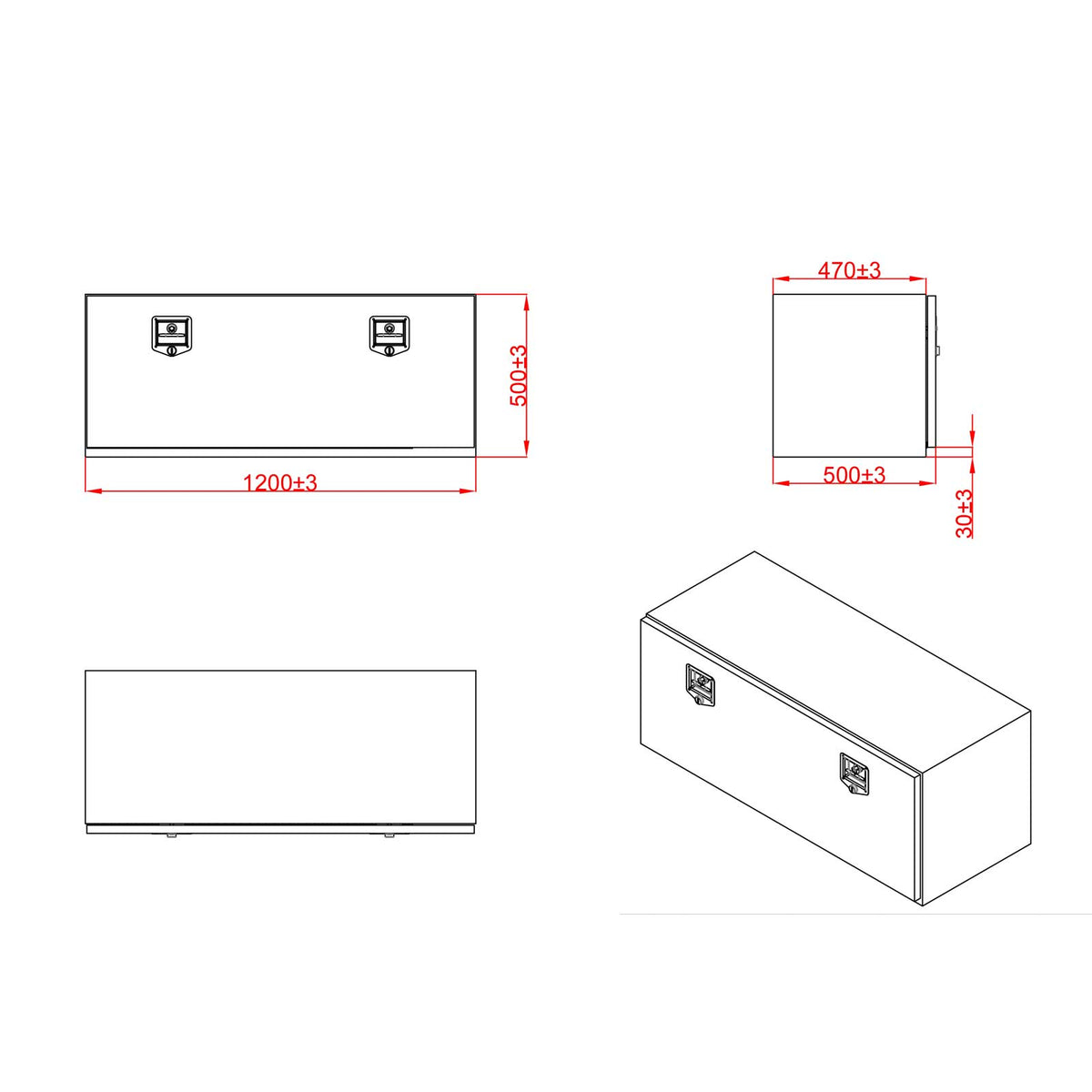 Black Aluminium Undertray Toolbox ATB-12050, 1200x470x500 mm Heavy Duty Checker Plate Aluminium Toolbox