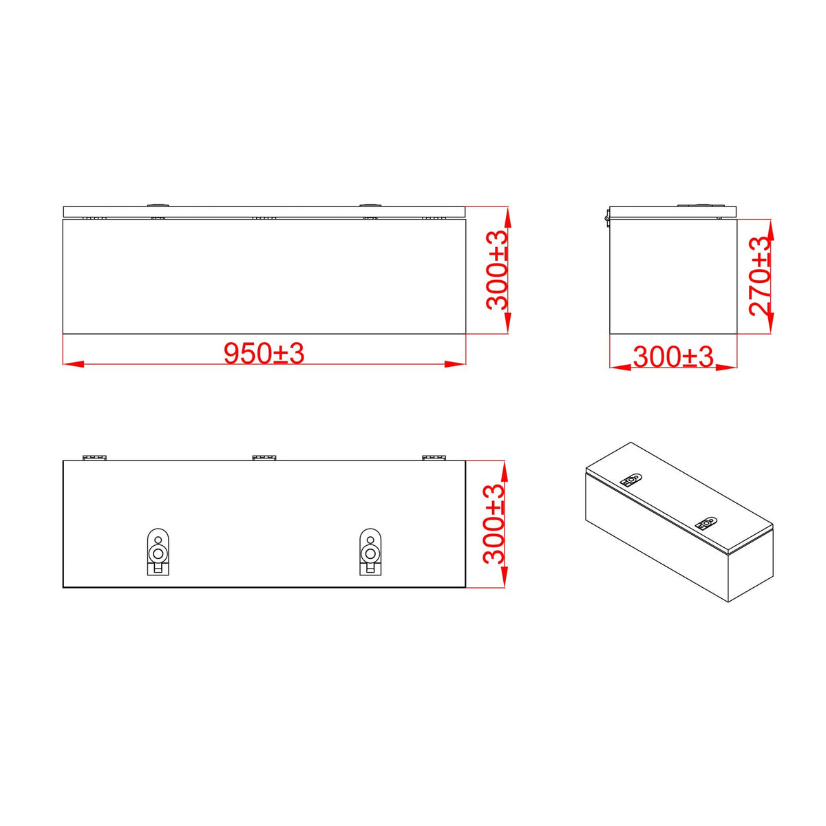 Top Lid Toolbox ATB9530, 950mm x 300mm x 270mm Black Aluminium Checker Plate Camper Box