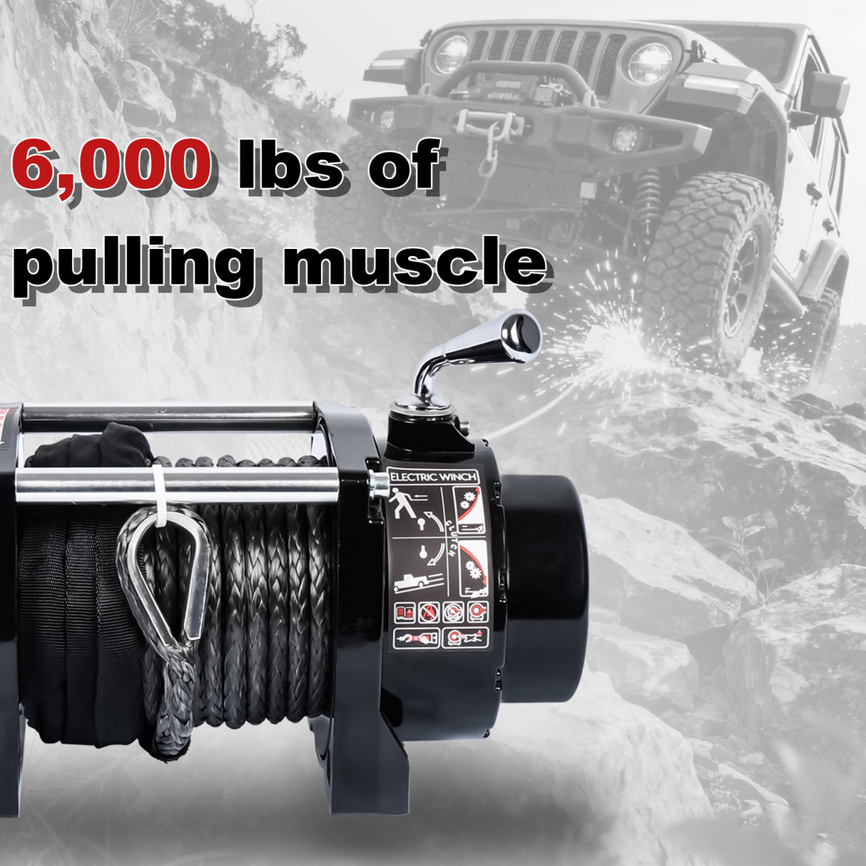 4WD Recovery Electric Winch 6000LB Capacity, Synthetic Rope ATW-6000S DC 12V UTV Winches