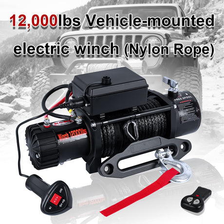 4WD Recovery Electric Winch 12000LB Capacity, GREY Synthetic Rope CW-12000N DC 12V UTV Winches, Car Winches